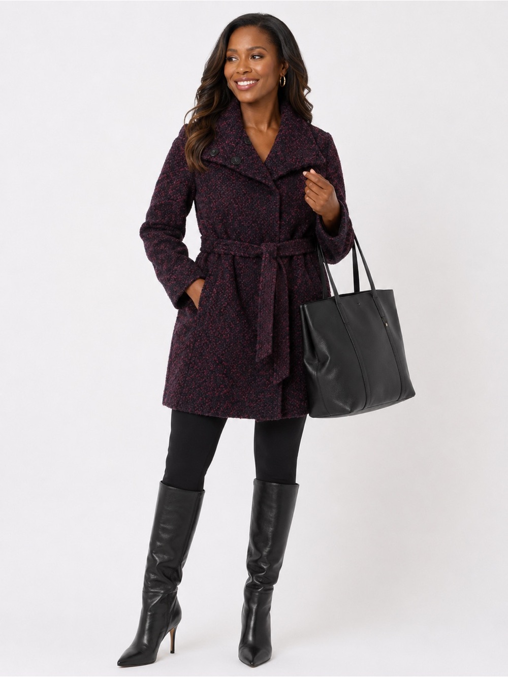 Tahari Plum Navy Bouclé Mélange Belted Wool-Style Trench Coat Size 8